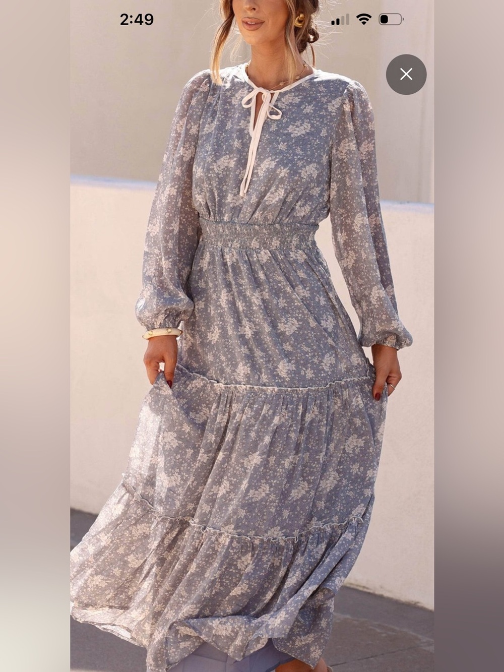 Floral Smocked Waist Long Sleeve Maxi Dress - Dusty Blue